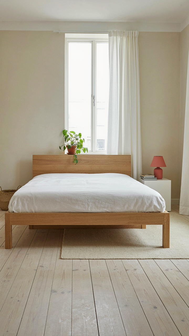 A minimalist scandinavian cabin bedroom with a bed, nightstand, and lamp.