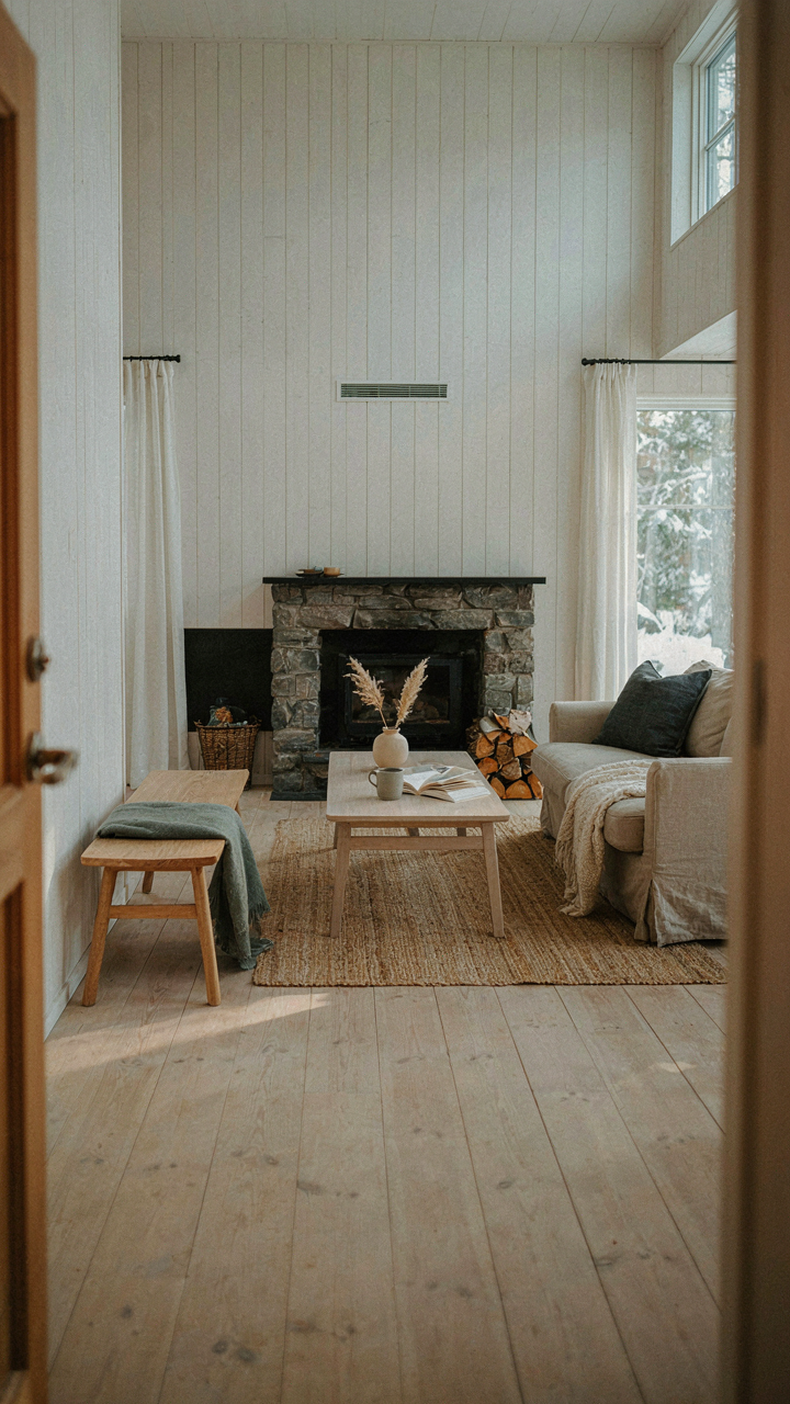 An open layout in a Scandinavian cabin interior shows clear pathways.