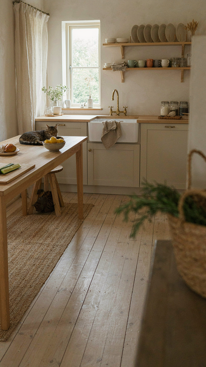 A small, functional scandinavian cottage kitchen with a wooden prep table and sink.