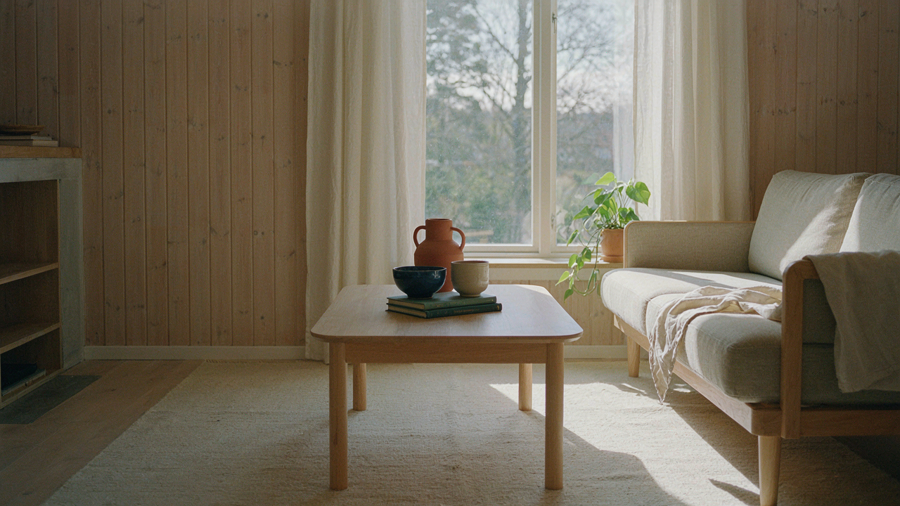 A Scandinavian cabin living room with pale wood, wool textures, and natural light.