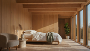 A light wood sleeping loft in a bright scandinavian cabin.