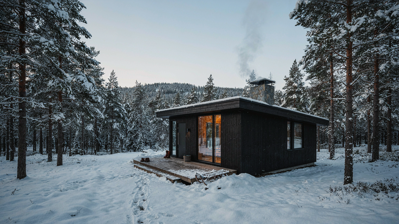 A modern scandinavian cabin in a snowy forest, steam rising from its chimney.