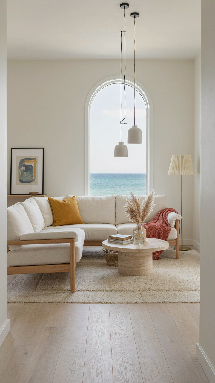 A window reflects diffused light, with a chunky knit throw on a pale armchair.