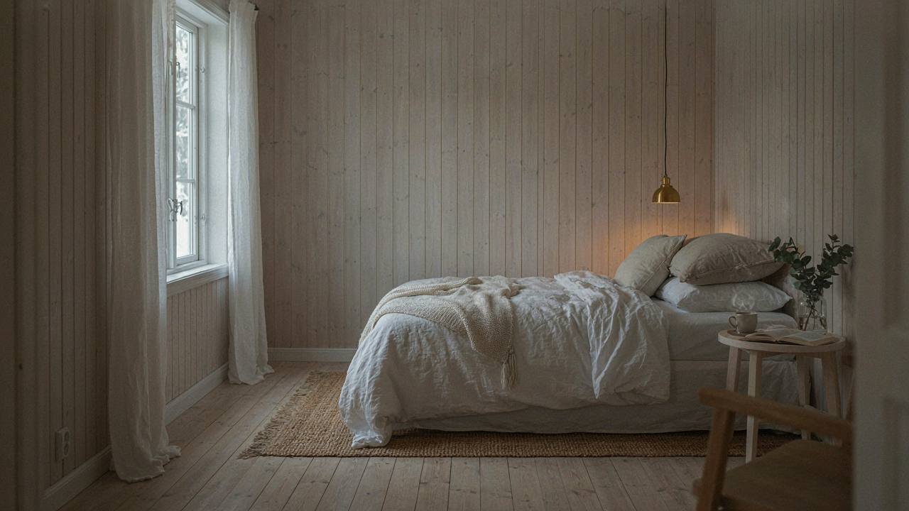 A warm and minimalist scandinavian cottage bedroom with light wood and white bedding.