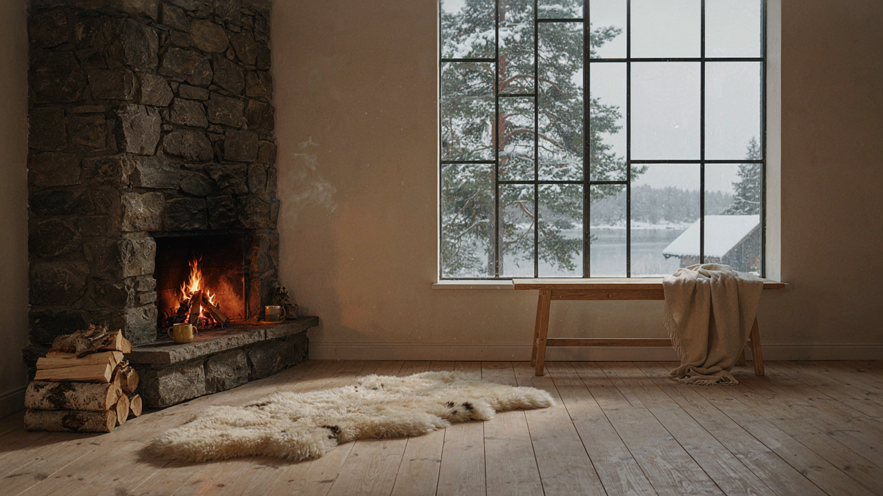 A warm scandinavian cottage fireplace with a fire burning and a sheepskin rug.