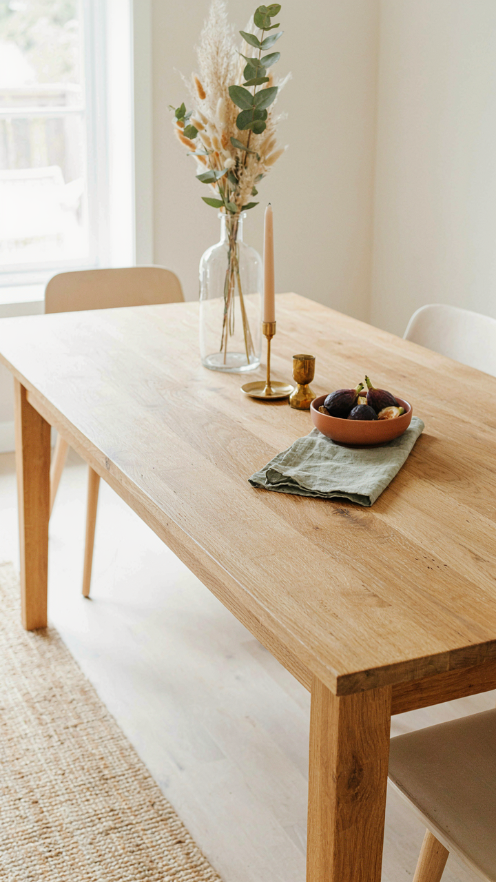 A pale oak dining table with a naturally darkened patina and scratches.