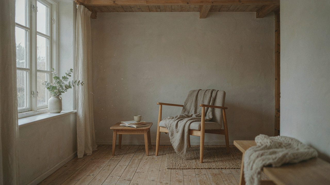 A warm scandinavian cottage interior with natural wood, a wool blanket, and soft light.