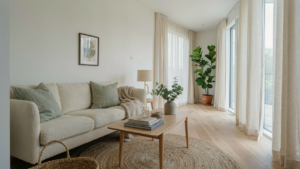 A bright scandinavian cottage living room with large windows, linen curtains, and warm wood tones.