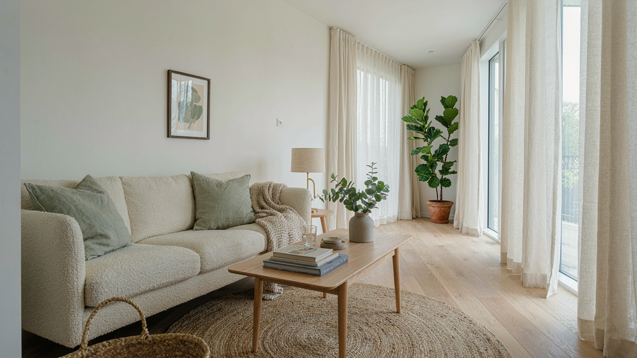 A bright scandinavian cottage living room with large windows, linen curtains, and warm wood tones.