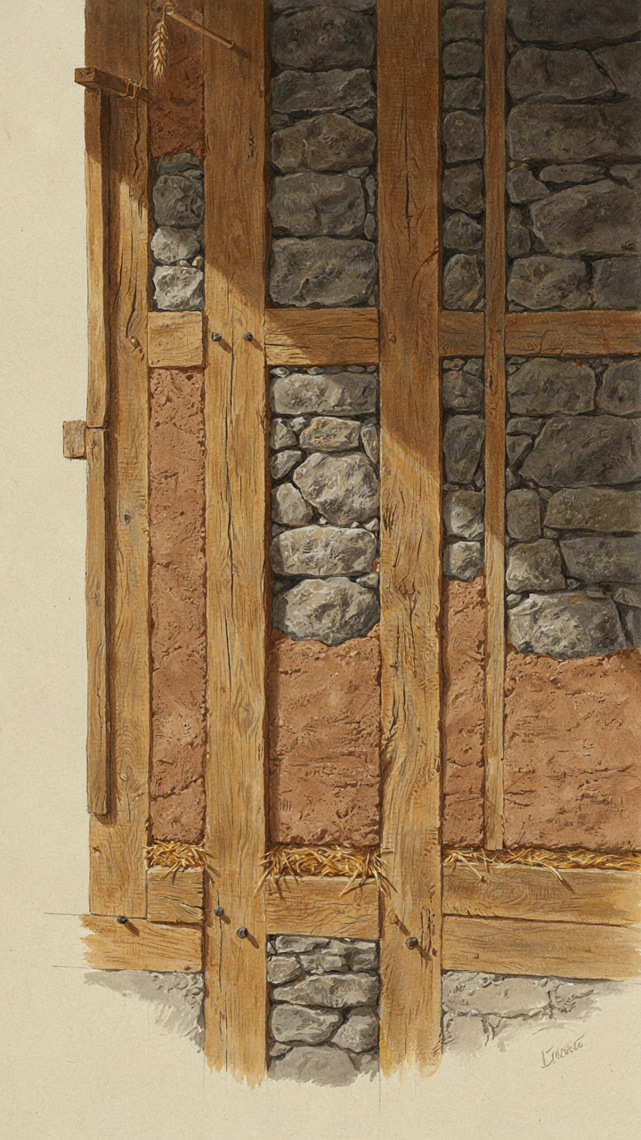 A cross-section of a traditional scandinavian farmhouse wall showing thick timber.