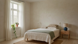 A tranquil scandinavian farmhouse bedroom with a linen bed and wooden nightstand.