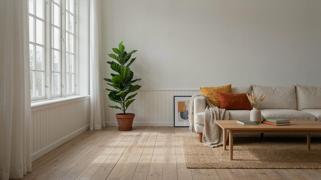 A serene scandinavian farmhouse interior with pale oak floors and a linen sofa.