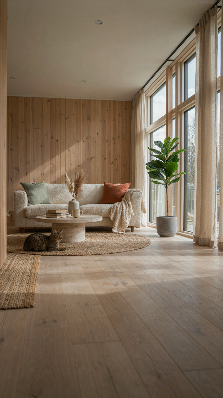 A bright, open scandinavian cabin living space with light wood and sunlight.