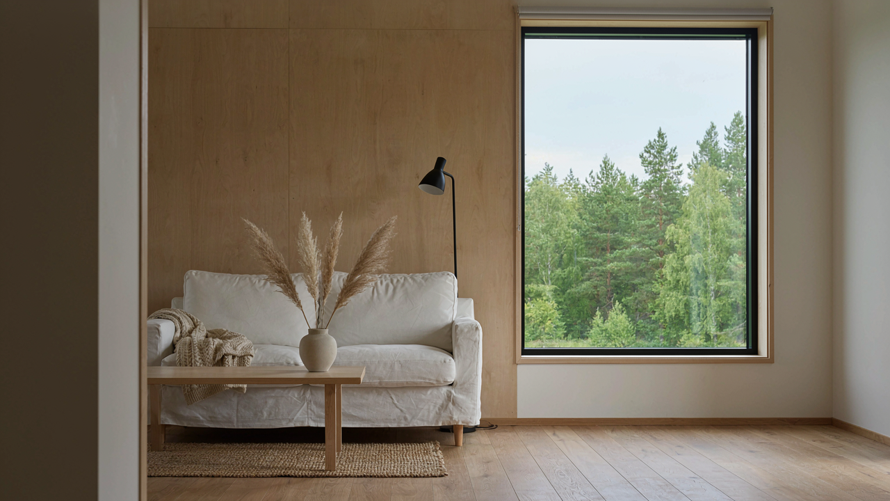 A modern Scandinavian guest house living room with light wood, a white sofa, and forest views.