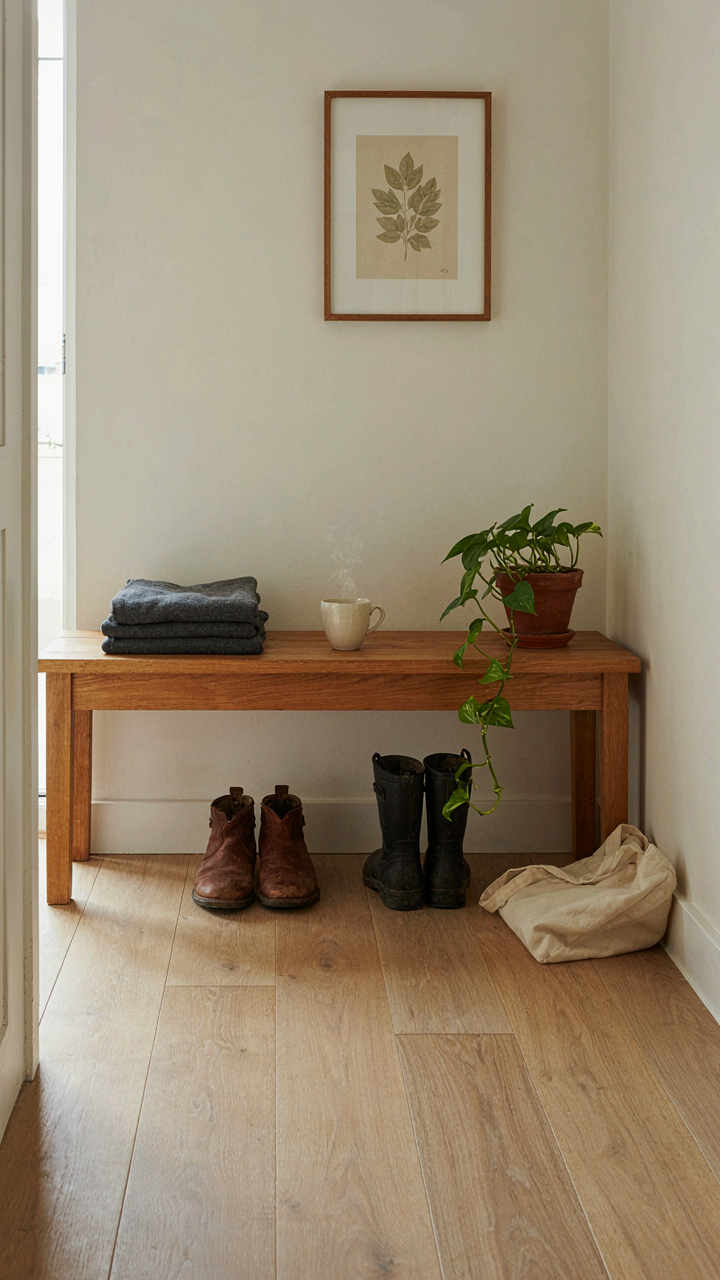 A low wooden storage bench in an entryway with boots underneath.