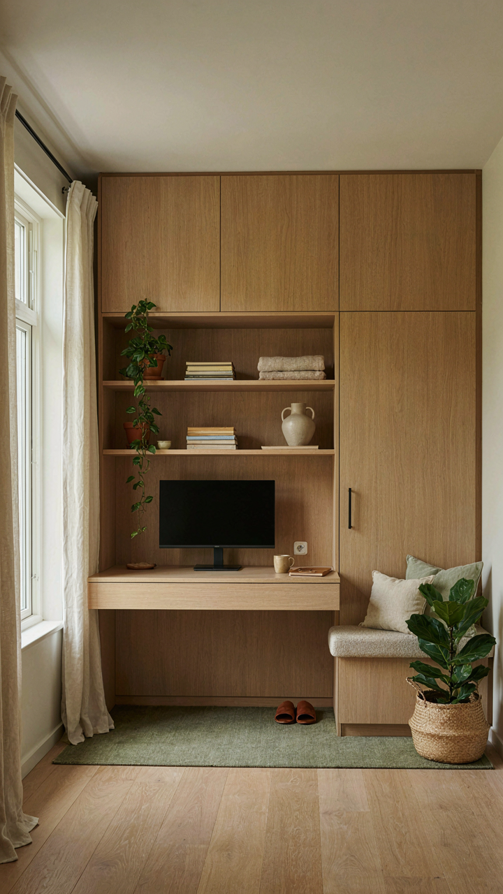 A built-in wall unit in a Scandinavian house has hidden storage.