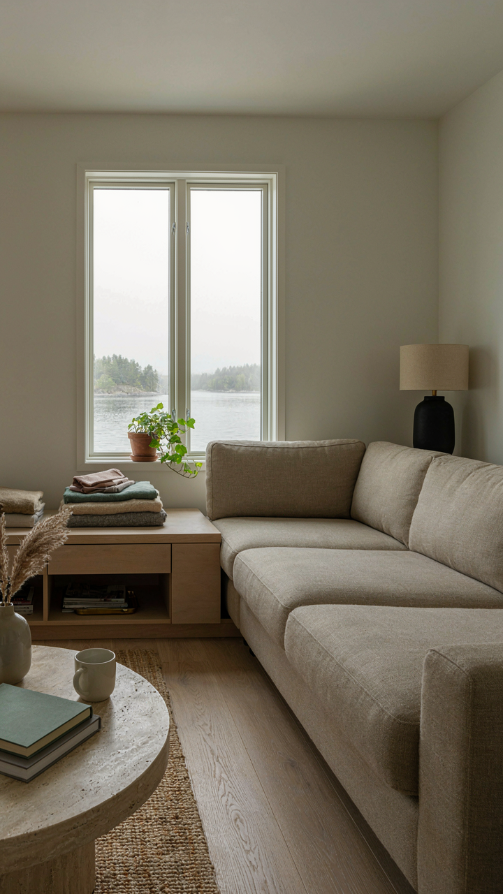 A modular sofa sits in a small living area, ready for two people.