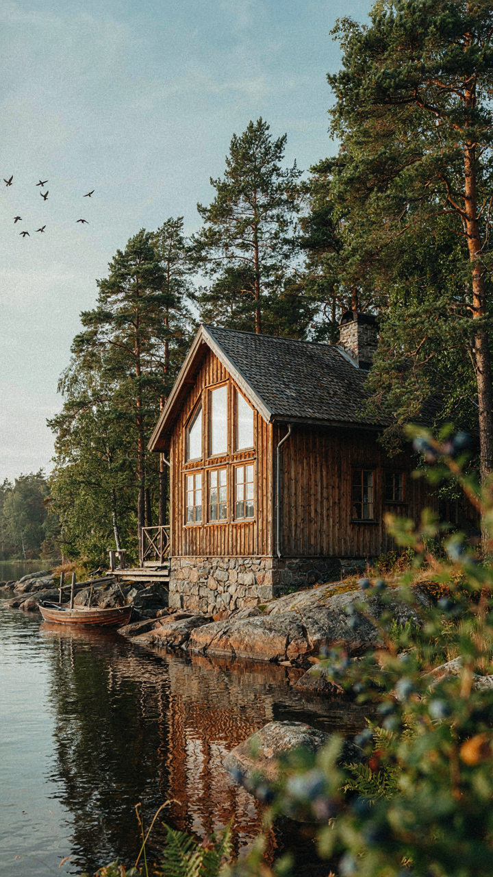 A Scandinavian lake house made of granite and pine blends with its rocky, forested surroundings.