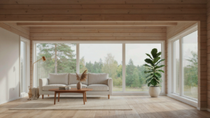 Bright scandinavian log cabin living room with white walls and exposed light wood beams.