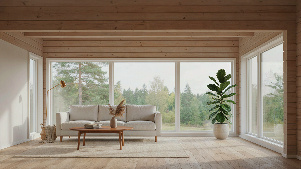 Bright scandinavian log cabin living room with white walls and exposed light wood beams.