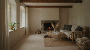 A minimalist Scandinavian living room with a warm fireplace and natural light.
