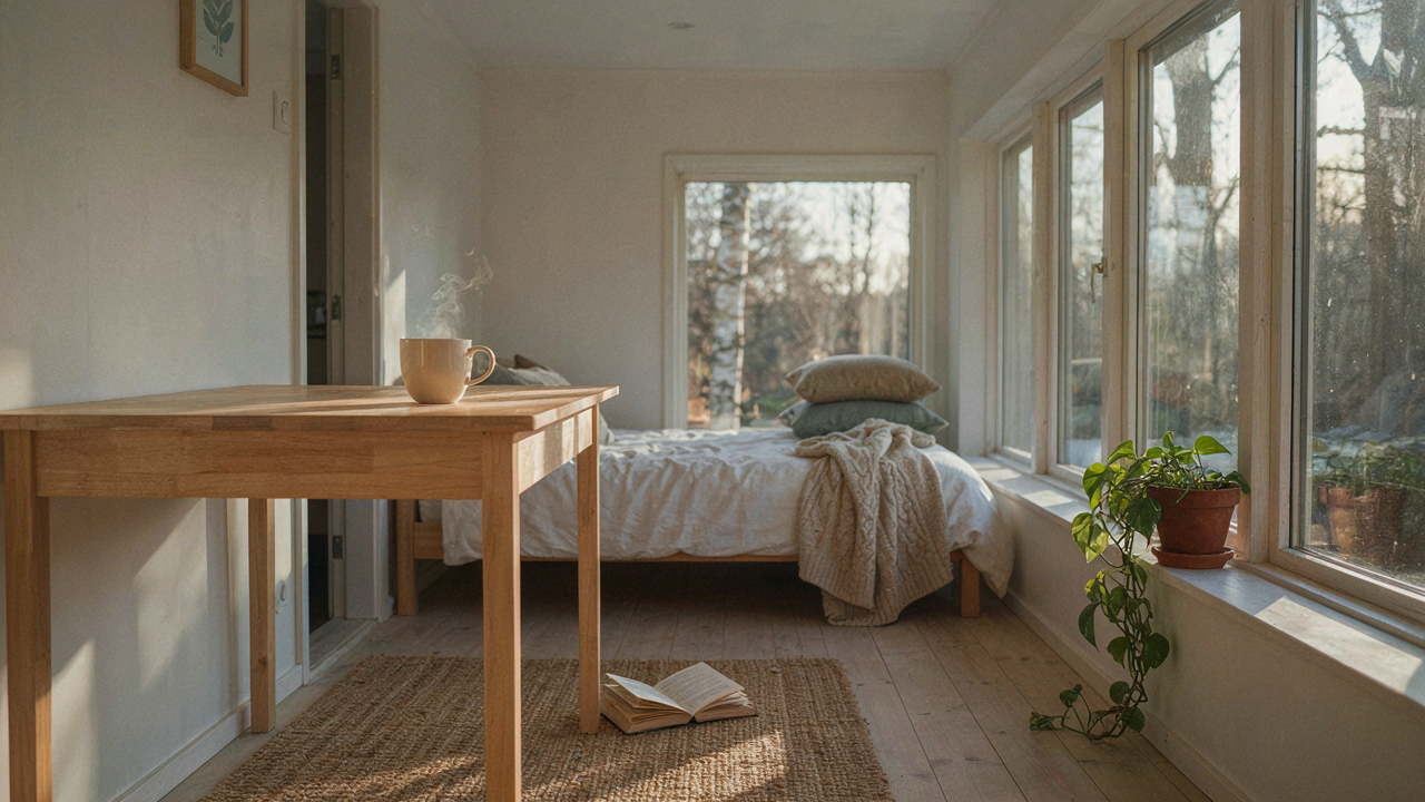 A warm, minimalist scandinavian tiny house interior bathed in morning sunlight.