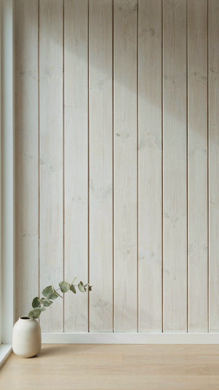 Whitewashed pine wall with high reflectivity in a scandinavian wooden house.