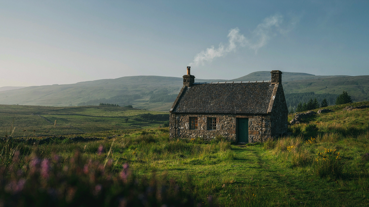 A stone scottish cottage with a smoking chimney sits in a green, hilly landscape.