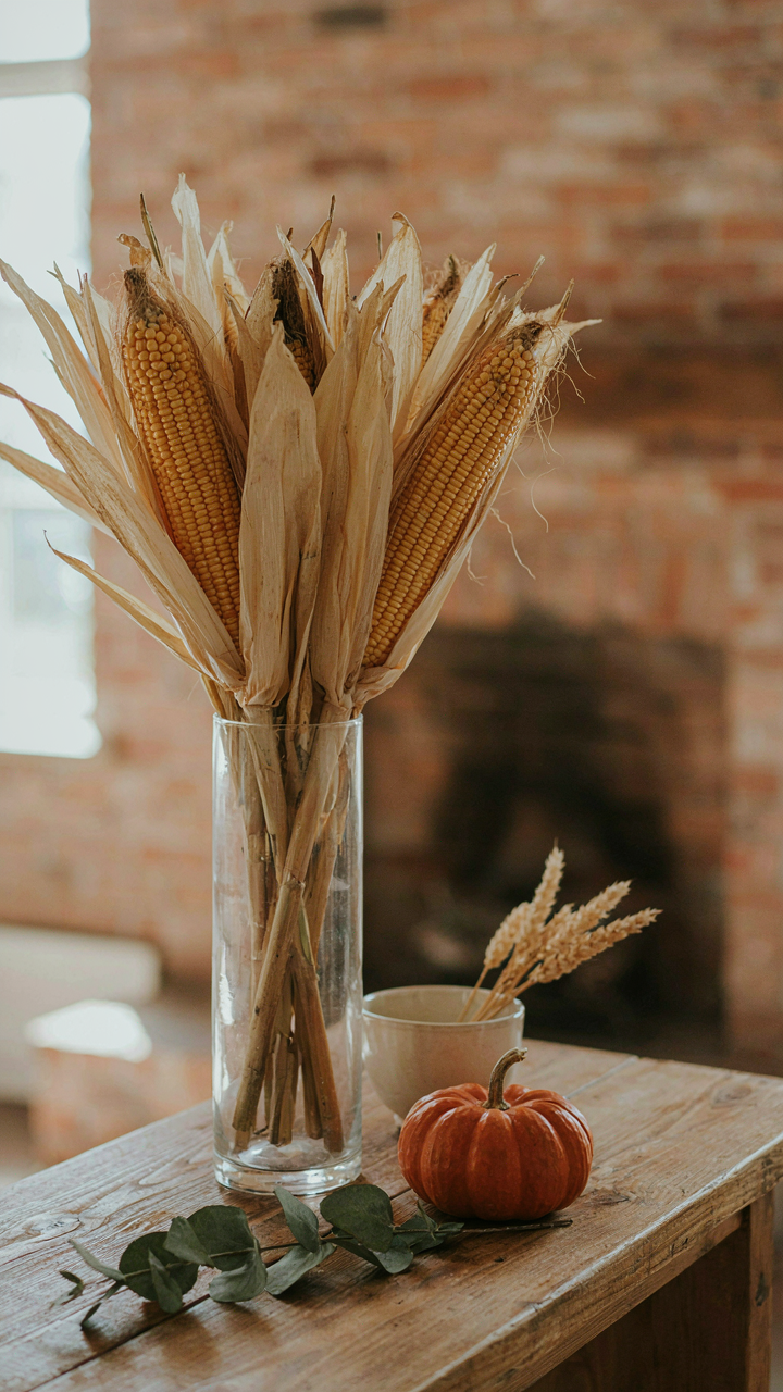 A clear glass vase with dried corn stalks on a rustic wooden mantelpiece.