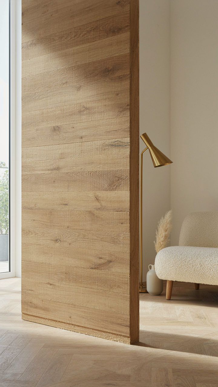 A close up of a hand-planed light wood wall panel with subtle grain.
