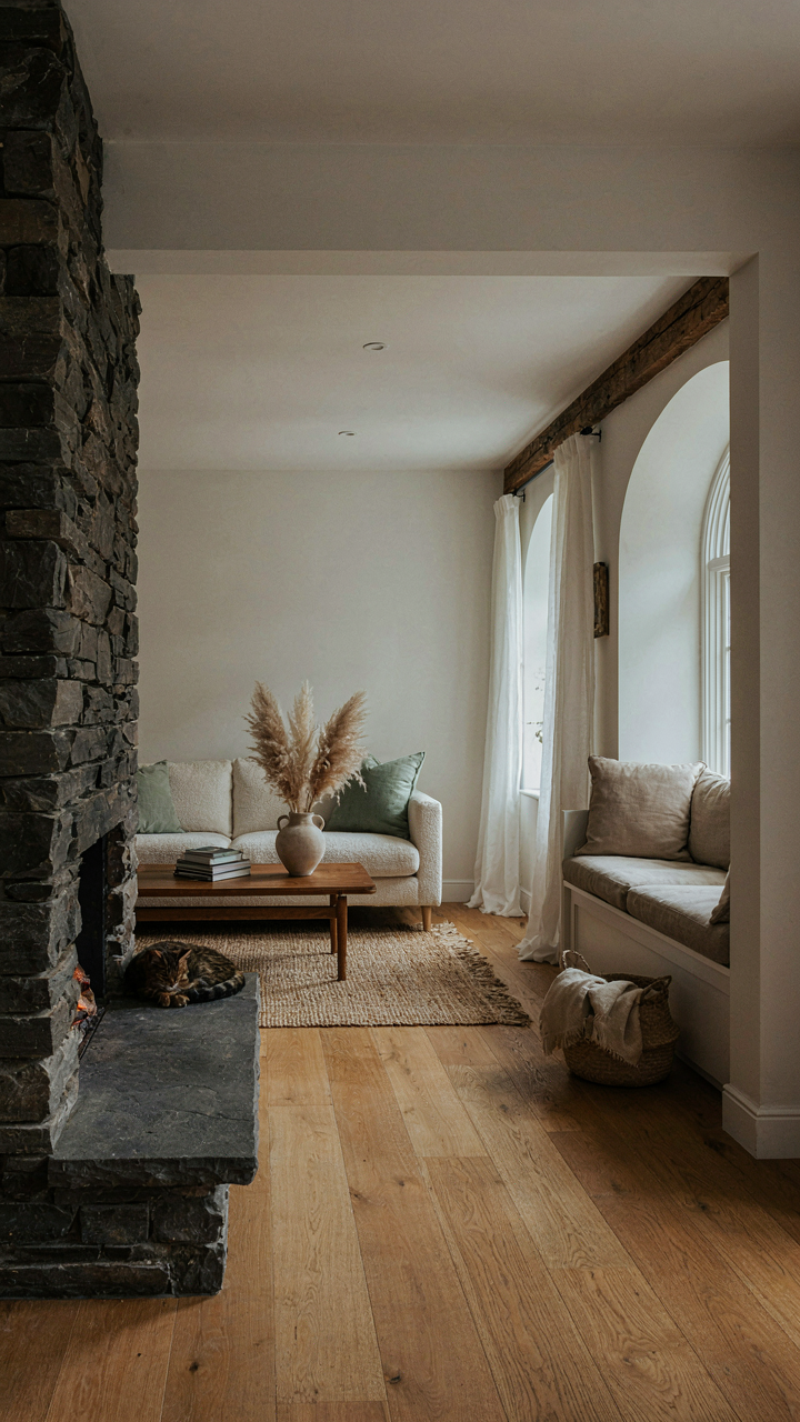 Open cottage living area with a dark stone fireplace and varied ceiling heights.