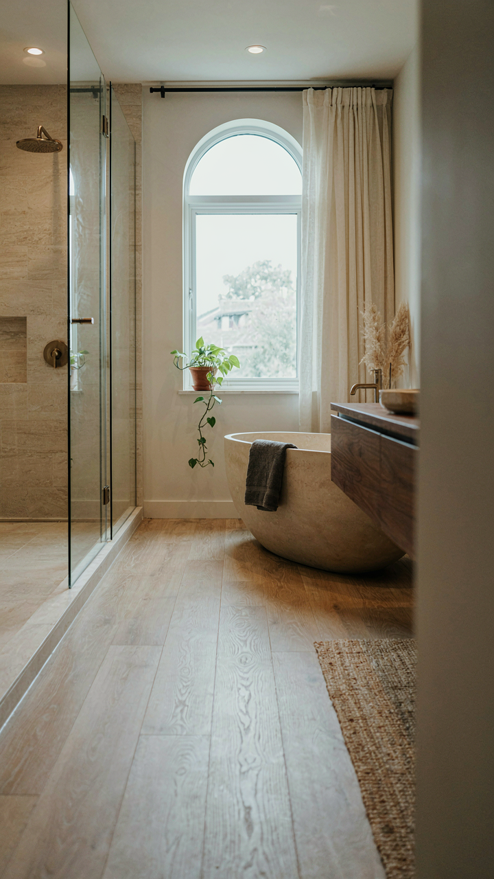 A high-end, modern bathroom within a she shed guest house conversion.