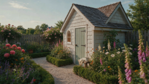 A charming she shed cottage style exterior with a gravel path and blooming flowers.