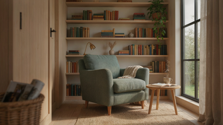 A cozy she shed interior with an armchair, books, and natural wood, showing she shed decor.