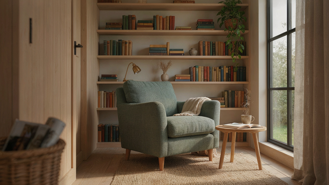 A cozy she shed interior with an armchair, books, and natural wood, showing she shed decor.