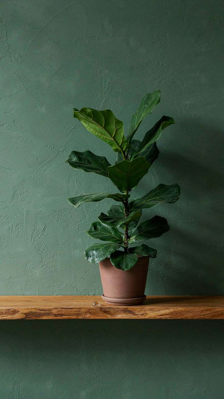 A deep sage green wall with a live-edge shelf holding a fiddle leaf fig plant.