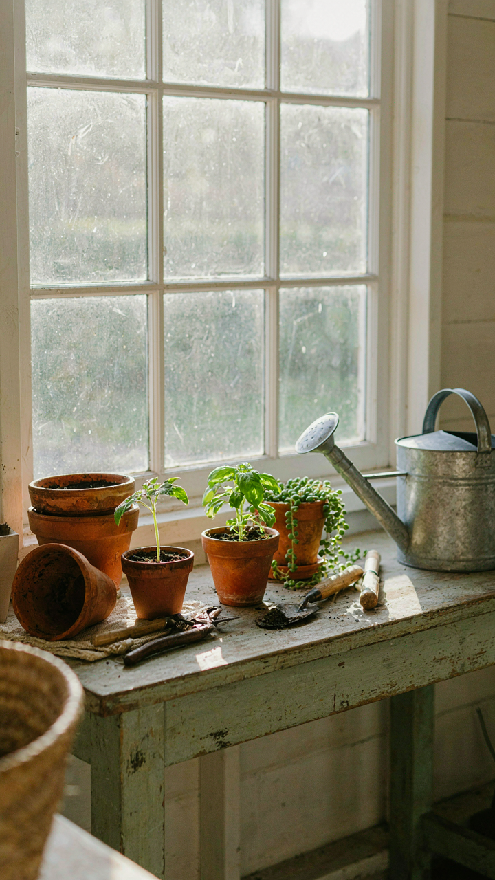 A potting bench receives soft, consistent light from a north-facing garden shed window.
