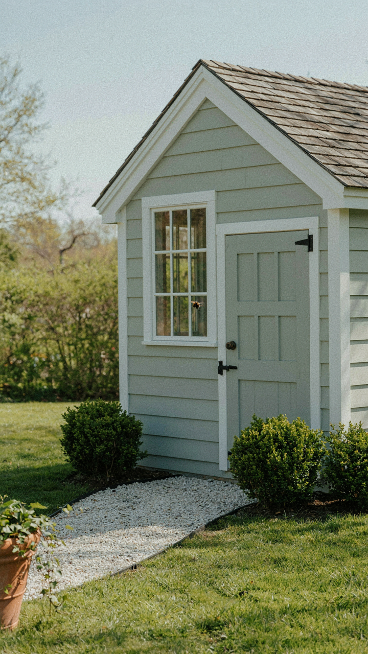 A soft sage green she shed exterior with a single window and a gravel path.