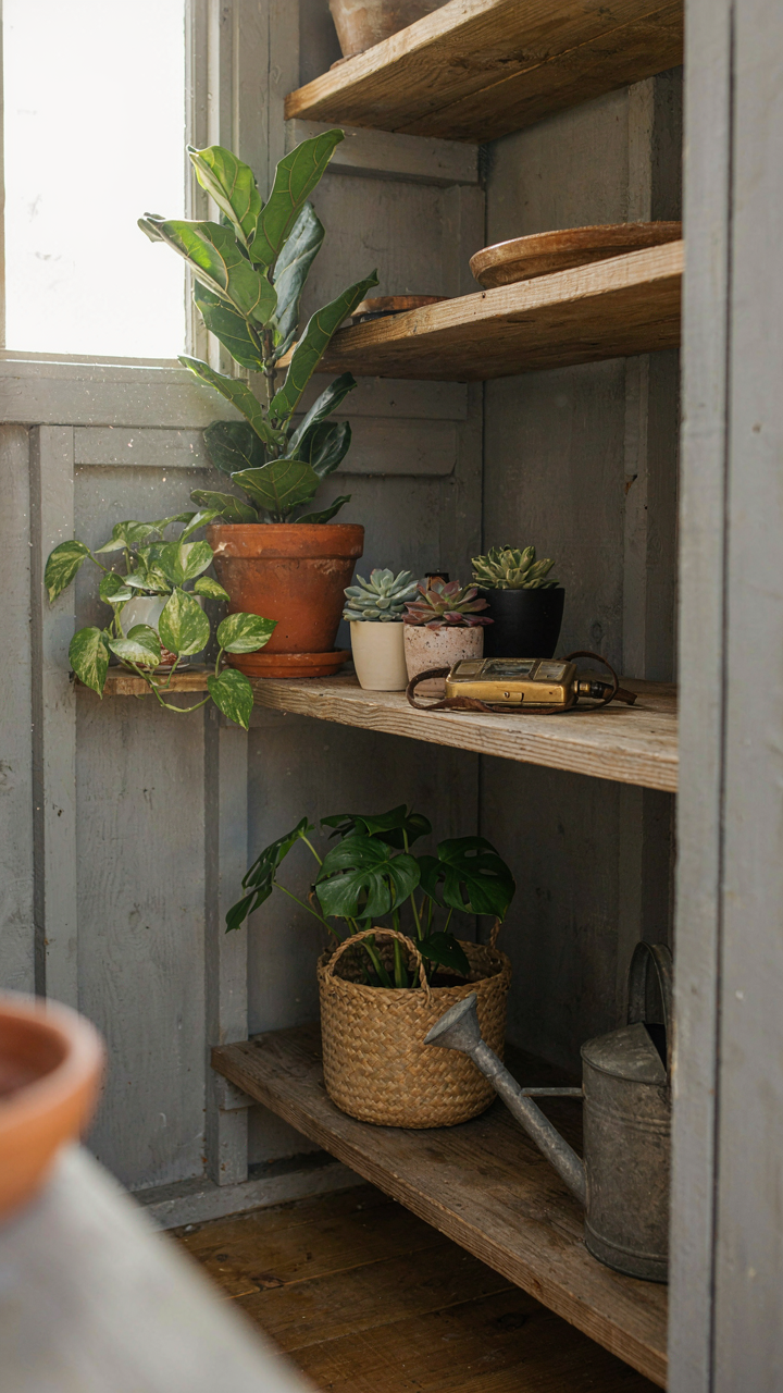 Healthy plants grow on a shelf inside a garden shed with light from a window.