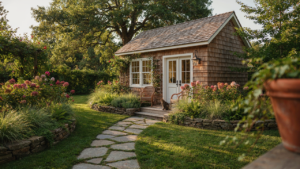 A beautiful she shed guest house at dusk, with a lit pathway leading to its entrance.