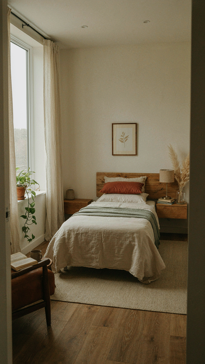 A small, efficiently designed bedroom in a she shed house tiny home.