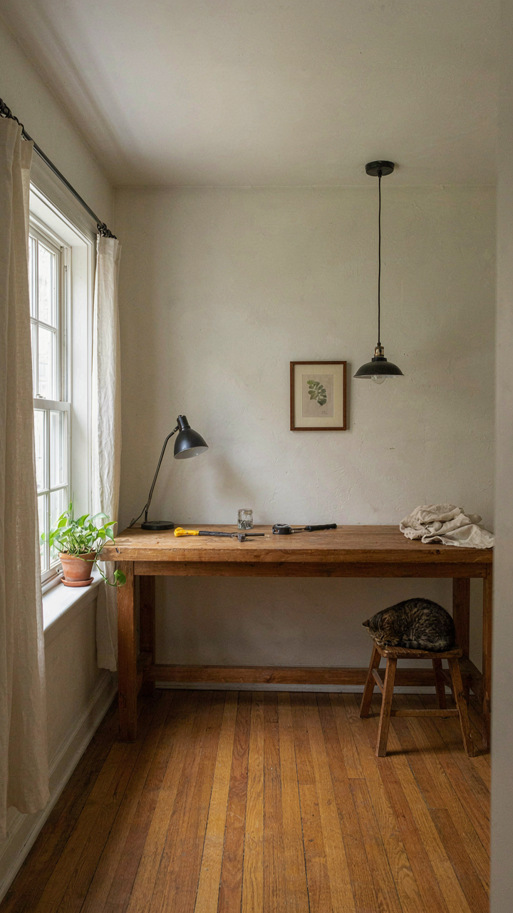 A functional she shed interior with wood floors, plain walls, and a workbench.