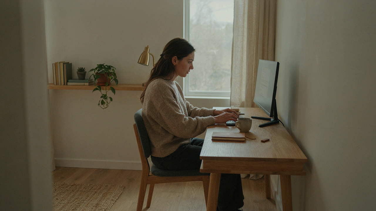 A woman works diligently in a bright, minimalist she shed interior with functional design.