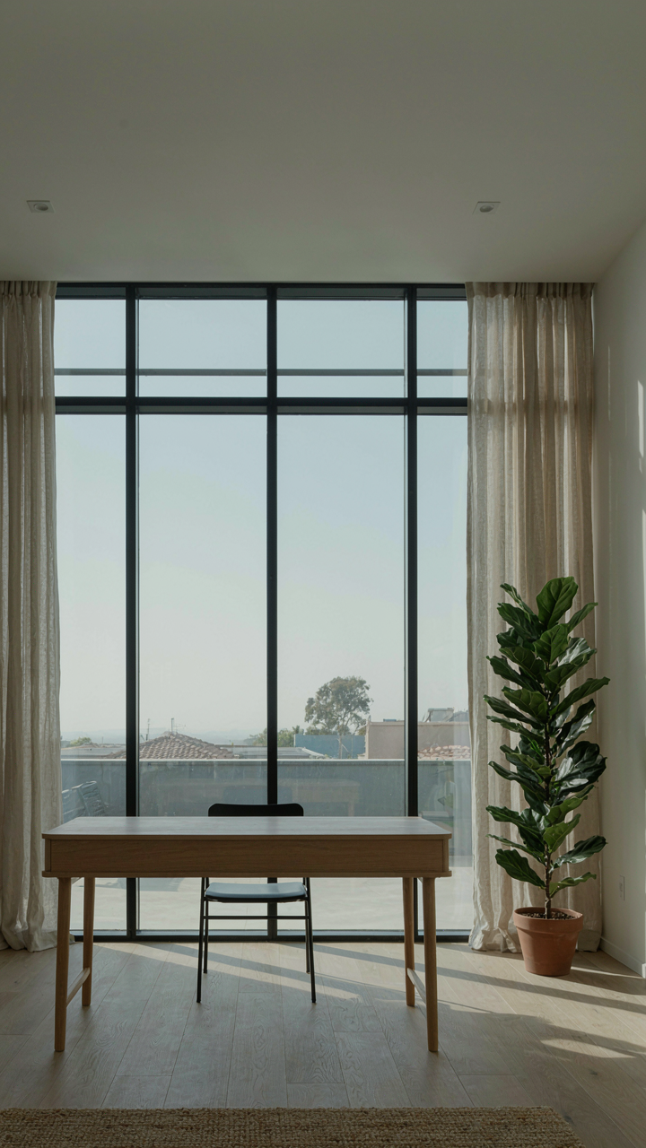 A minimalist she shed loft with clean lines, a plant, and an empty desk.