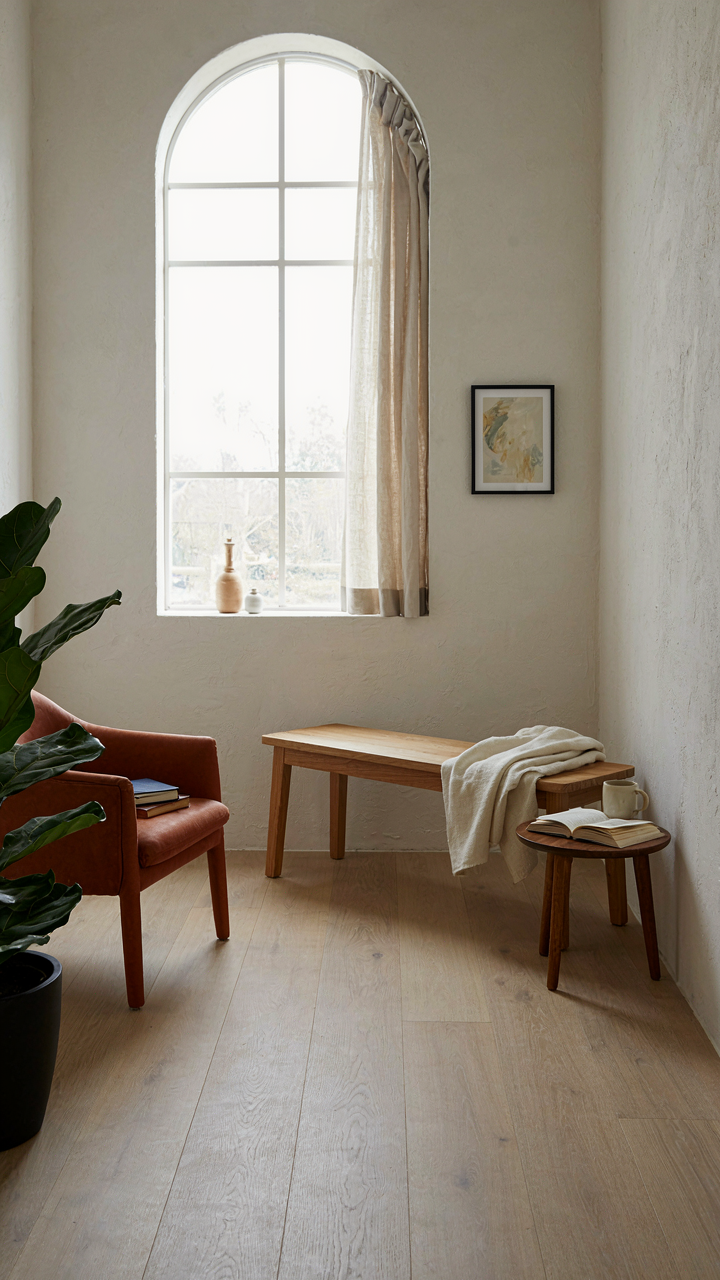 A very simple she shed interior with sparse furniture makes the space feel large.