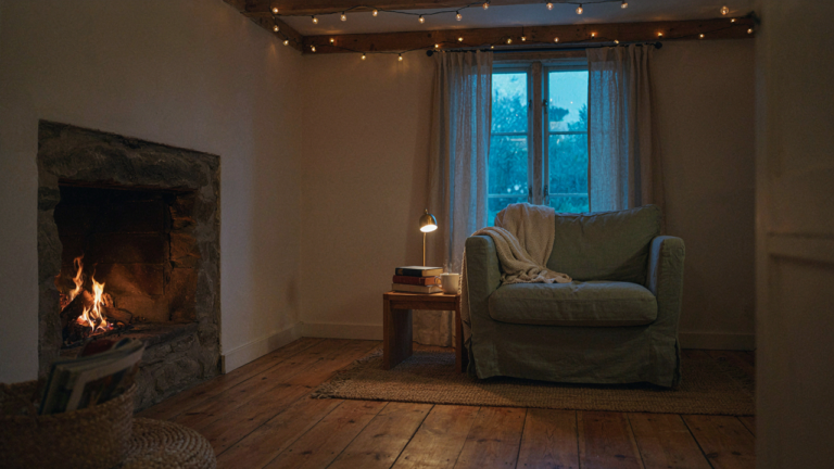 A warm and inviting she shed interior with multiple light sources creating a cozy atmosphere.