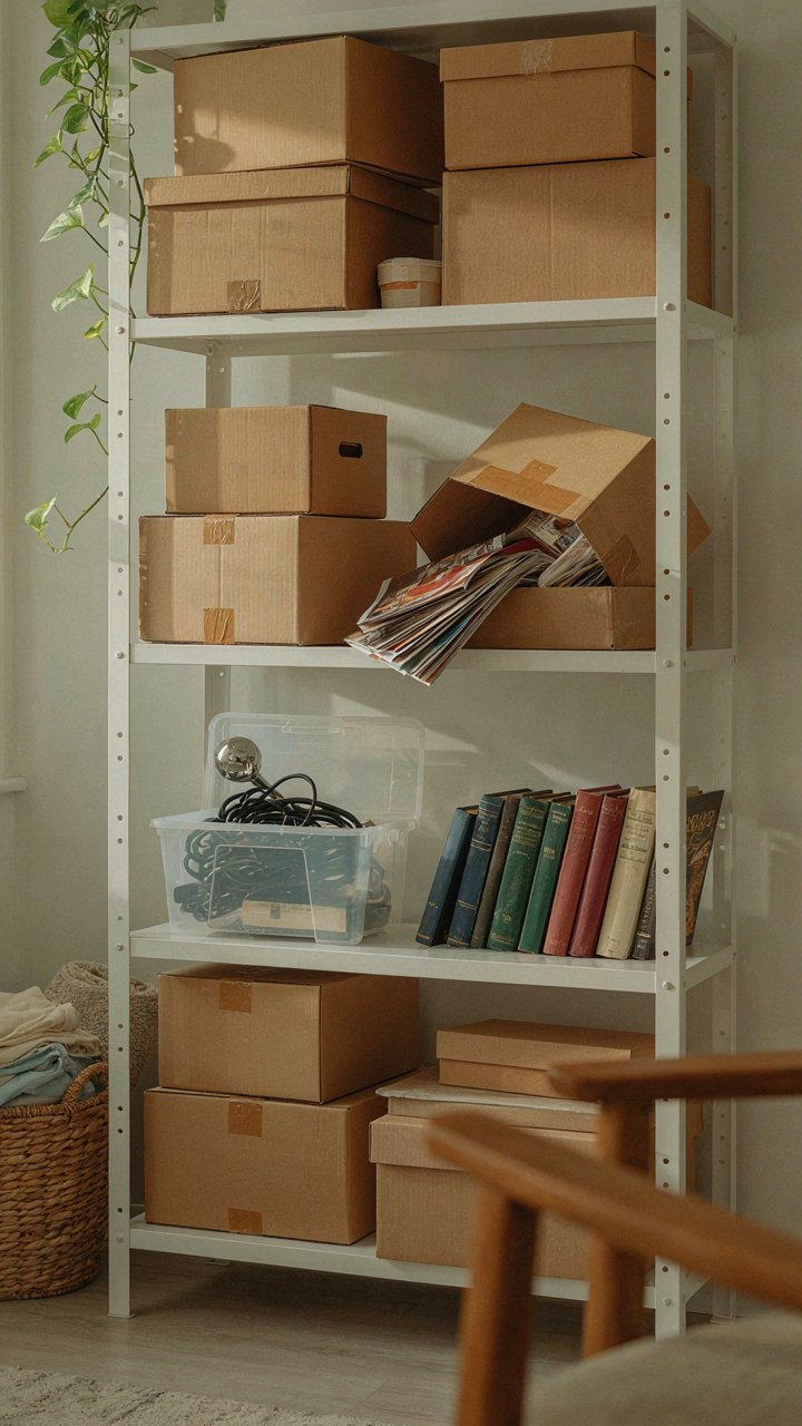 An overflowing storage unit with many disorganized boxes and items.