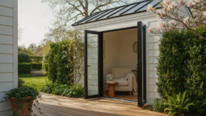 A modern she shed office with glass doors open to a garden.
