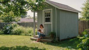 A small, cozy she shed on a budget with a woman reading on its porch.