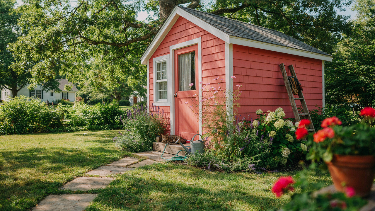 A colorful she shed with a welcoming exterior in a green garden.